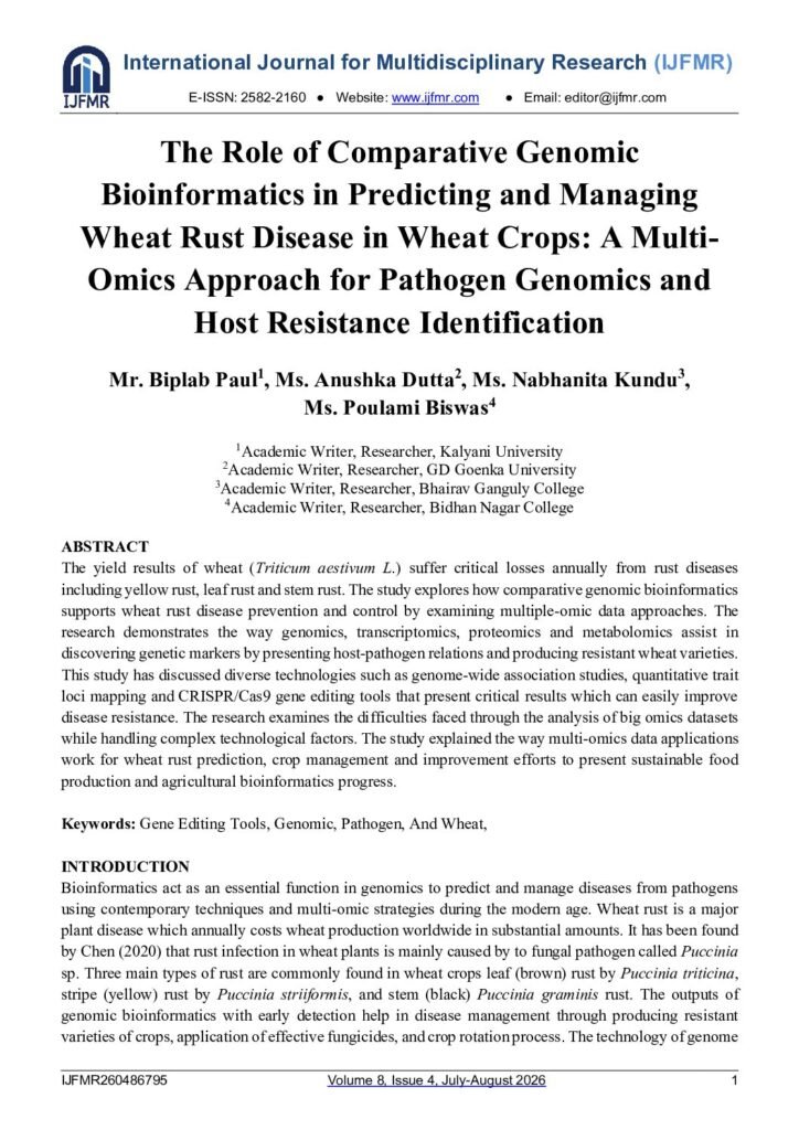 First page preview of the paper: The Role of Comparative Genomic Bioinformatics in Predicting and Managing Wheat Rust Disease in Wheat Crops: A Multi-Omics Approach
