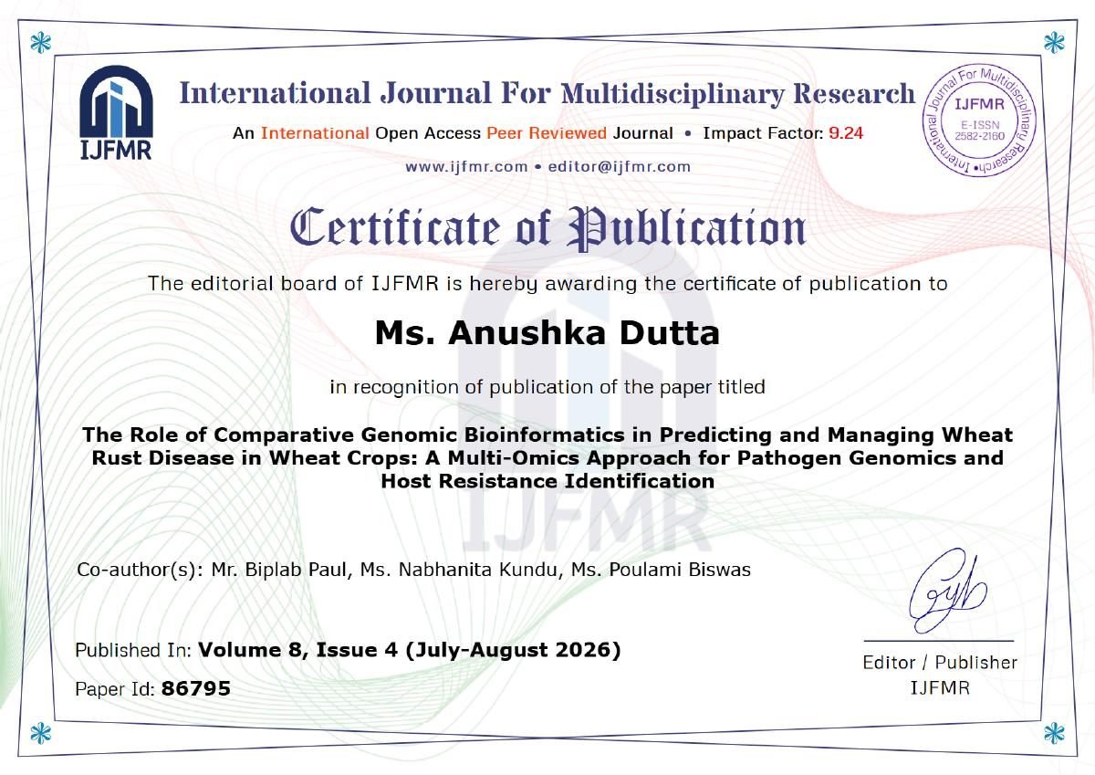 Certificate of Publication ā Anushka Dutta, IJFMR Ā· Wheat Rust Disease Genomics