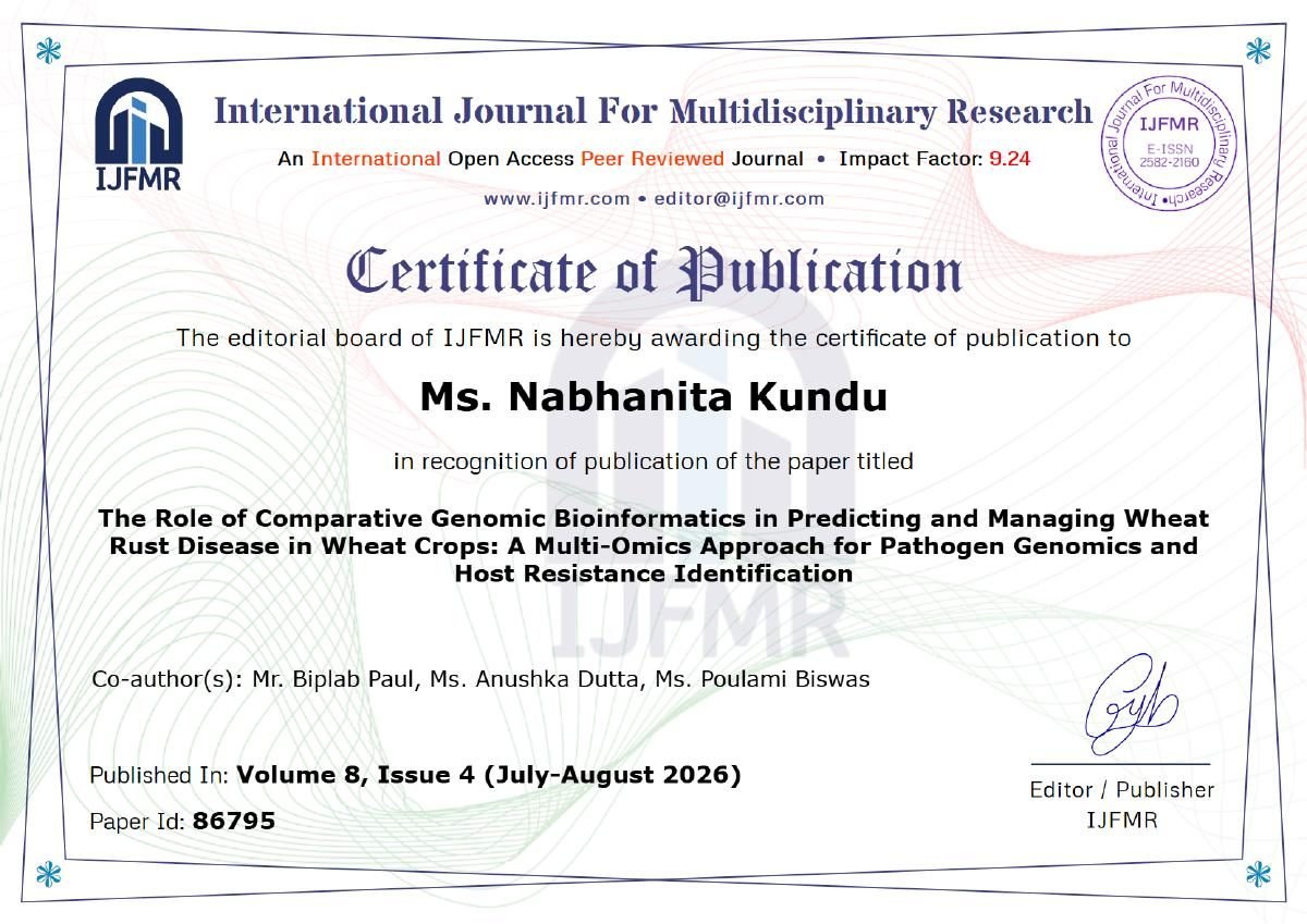 Certificate of Publication ā Nabhanita Kundu, IJFMR Ā· Wheat Rust Disease Genomics