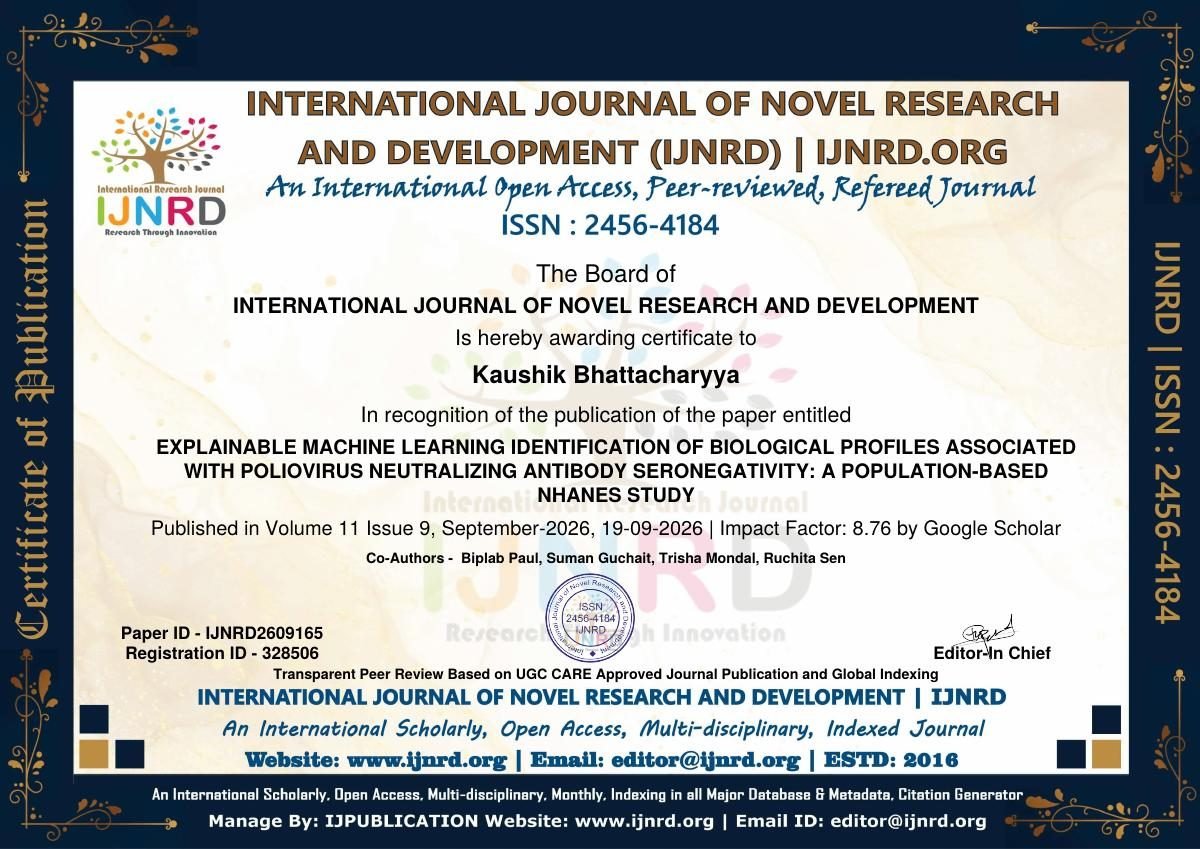 Certificate of Publication ā Kaushik Bhattacharyya, IJNRD Ā· Machine Learning & Poliovirus Antibody Study