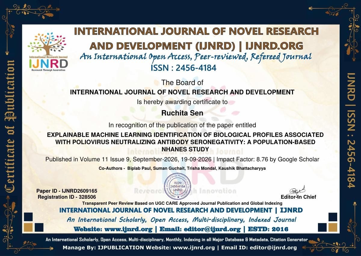 Certificate of Publication ā Ruchita Sen, IJNRD Ā· Machine Learning & Poliovirus Antibody Study