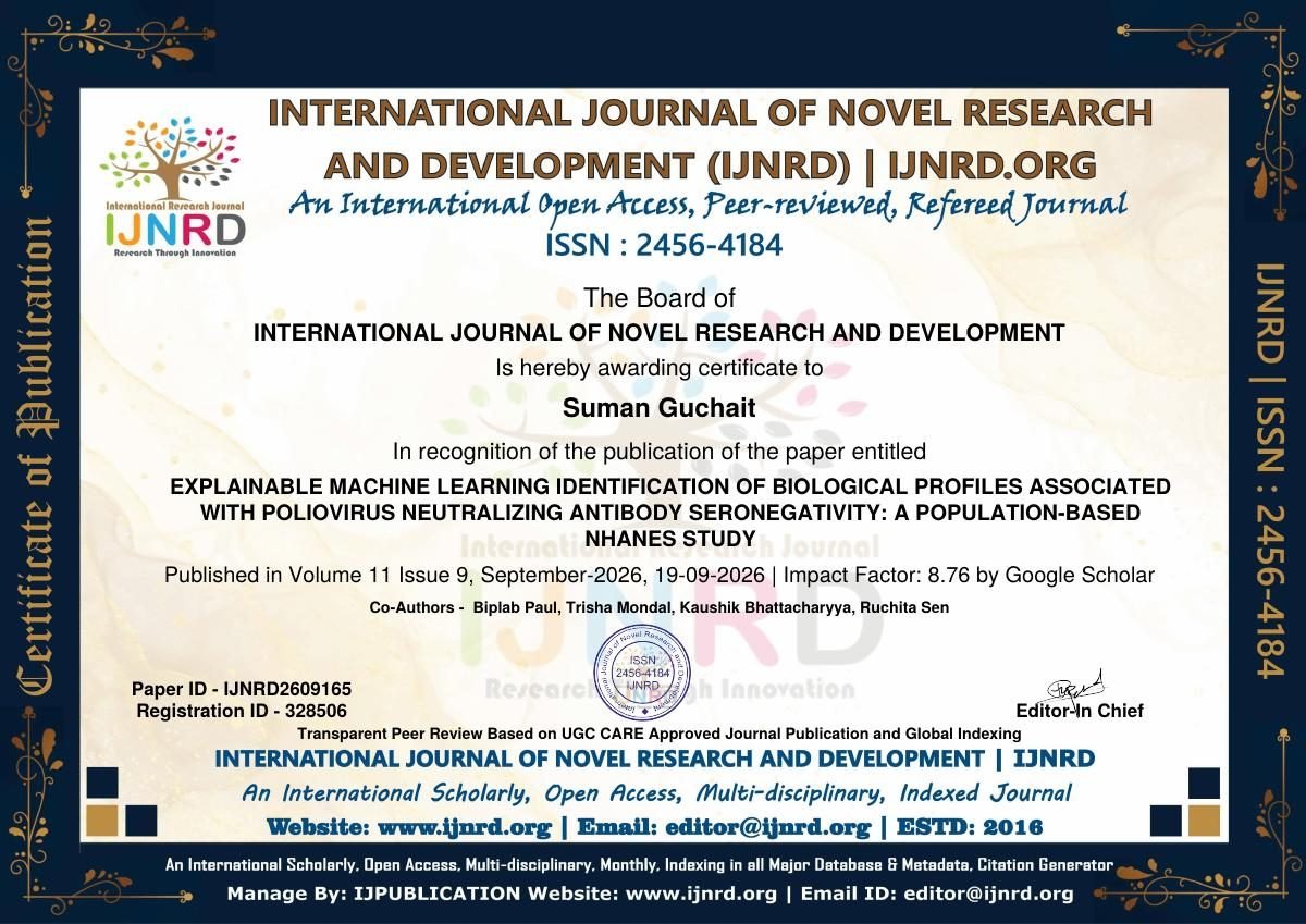 Certificate of Publication ā Suman Guchait, IJNRD Ā· Machine Learning & Poliovirus Antibody Study